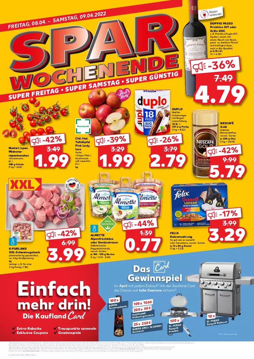 Aktueller Prospekt Kaufland - von 07.04 bis 13.04.2022 - strona 4 - produkty: almette, alpenfrischkäse, angebot, angebote, auto, Becher, beere, beutel, bio, bohne, bohnen, bohnenkaffee, coupon, coupons, creme, dell, die kaufland, doppelrahmstufe, doppio passo, duplo, eis, elle, erde, extra-rabatt, felix, fleisch, frischkäse, gasgrill, gewinnspiel, grill, grillo, gulasch, kaffee, Kamin, Käse, katzennahrung, löslicher bohnenkaffee, mac, Mett, Mode, Nescafé, nescafé gold, passo, pfanne, pfannen, Pink Lady, pril, primitivo, purland, reis, riegel, rispentomaten, rotwein, Schal, Schale, schnitten, schoko, schokoriegel, schwein, schweine, schweinegulasch, sensations, Spiele, tafeläpfel, Ti, tisch, tomate, tomaten, weber, wein, weine, ZTE