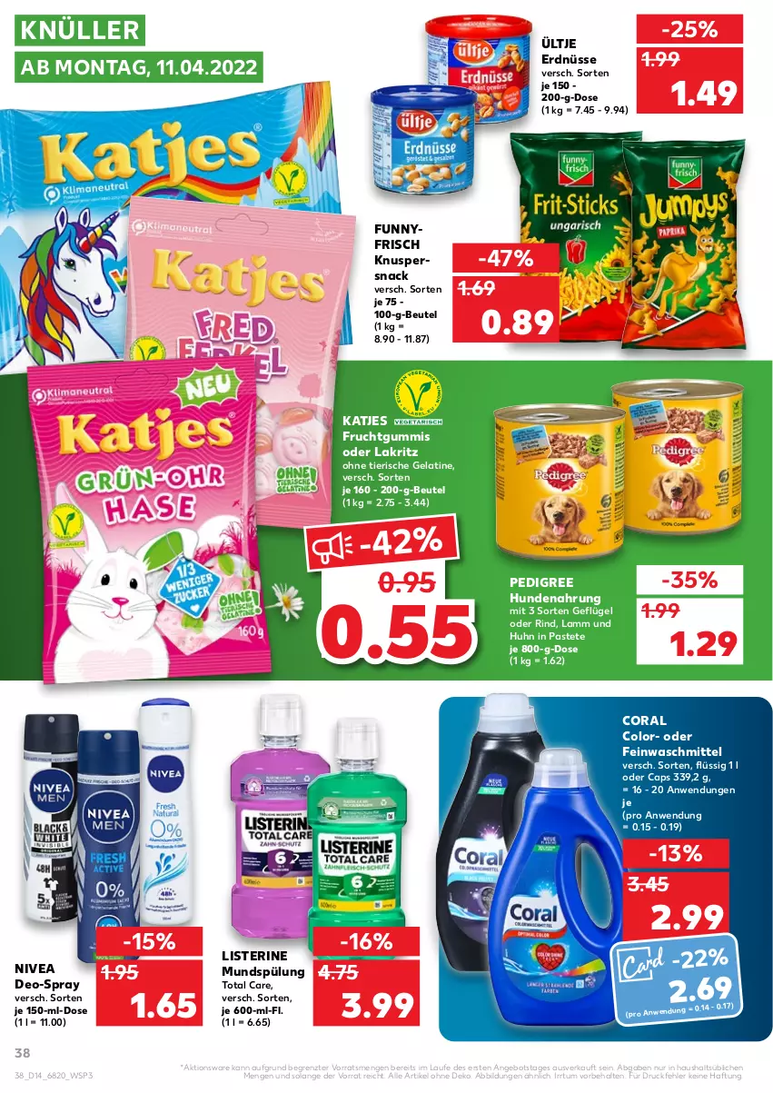 Aktueller Prospekt Kaufland - von 07.04 bis 13.04.2022 - strona 42 - produkty: angebot, beutel, Cap, Coral, deo, erdnüsse, feinwaschmittel, frucht, fruchtgummi, fruchtgummis, Geflügel, gelatine, hundenahrung, katjes, Lakritz, lamm, listerine, mundspülung, nivea, oder lakritz, pastete, pedigree, rind, snack, spülung, Ti, total care, ültje, ültje erdnüsse, waschmittel, ZTE