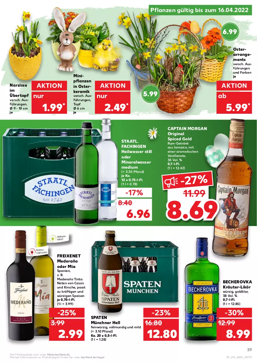 Aktueller Prospekt Kaufland - von 07.04 bis 13.04.2022 - strona 43 - produkty: Alwa, angebot, angebote, Becher, Becherovka, Cap, captain morgan, cassis, eis, freixenet, getränk, gin, hero, kirsch, kirsche, kräuter, likör, mineralwasser, Mineralwasser Medium, original spiced gold, pflanze, pflanzen, rotwein, rum, Spaten, Staatl. Fachingen, Ti, tisch, topf, übertopf, vanille, wasser, wein, Weißwein