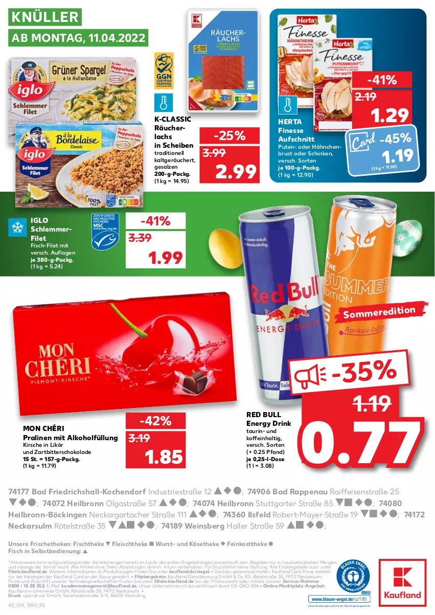 Aktueller Prospekt Kaufland - von 07.04 bis 13.04.2022 - strona 44 - produkty: alkohol, angebot, angebote, Astra, aufschnitt, Bad, bio, drink, drucker, eis, energy drink, Engel, erde, feinkost, feinkosttheke, filet, finesse, fisch, fischtheke, fleisch, hähnchenbrust, herta, herta finesse, iglo, Käse, käsetheke, kerze, kirsch, kirsche, lachs, LG, likör, Mon Chéri, pralinen, pute, Räucherlachs, red bull, reis, salz, schinken, schlemmerfilet, schoko, schokolade, Ti, wein, wurst, Zartbitterschokolade, ZTE