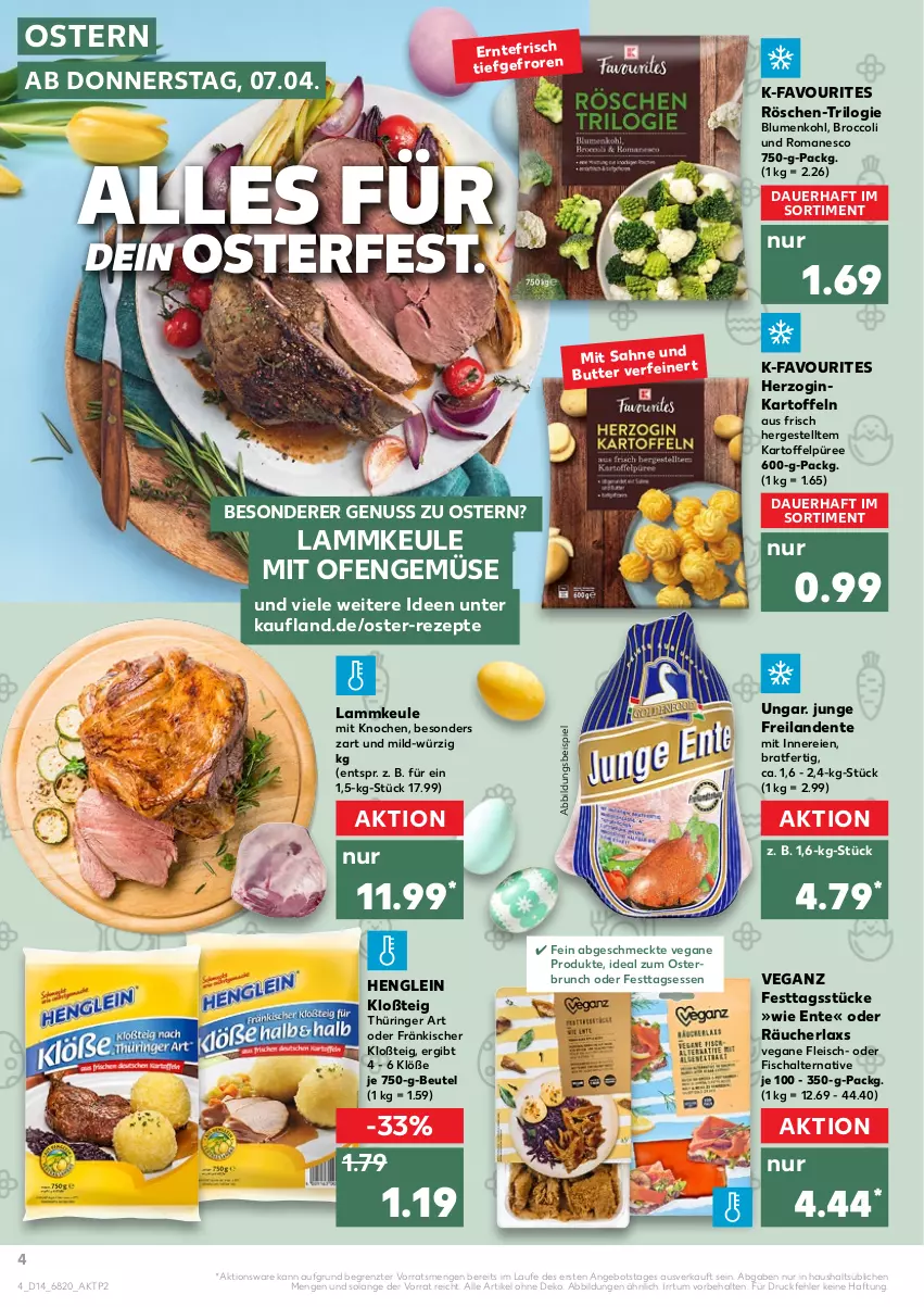 Aktueller Prospekt Kaufland - von 07.04 bis 13.04.2022 - strona 8 - produkty: angebot, auer, beutel, blume, blumen, blumenkohl, broccoli, eis, ente, fisch, fleisch, gin, henglein, kartoffel, kartoffeln, Kartoffelpüree, lamm, lammkeule, nuss, Ofen, püree, rezept, rezepte, ring, sahne, Schal, Ti, Vegane Fleisch, ZTE