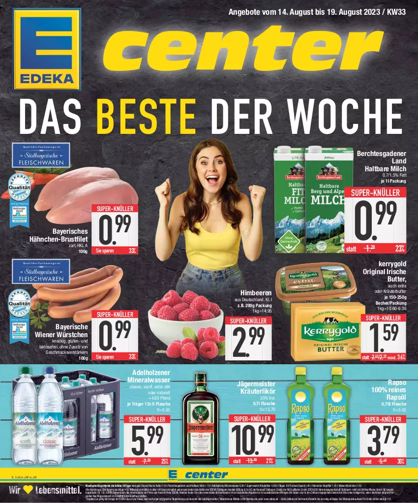 Aktueller Prospekt E Center - Angebote der Woche - von 07.08 bis 12.08.2023 - strona 1 - produkty: adelholzener, Alwa, angebot, angebote, Becher, beere, beeren, brustfilet, butter, deka, eis, filet, flasche, Germ, gin, hähnchen-brustfilet, haltbare milch, himbeer, himbeere, himbeeren, Holz, irische butter, jägermeister, kerrygold, kräuter, kräuterbutter, kräuterlikör, lebensmittel, LG, likör, mac, Meister, milch, mineralwasser, Mineralwasser Classic, natur, oder kräuter, rapso, rapsöl, reines rapsöl, reis, rel, super-knüller, Ti, wasser, wiener, wiener würstchen, würstchen, ZTE