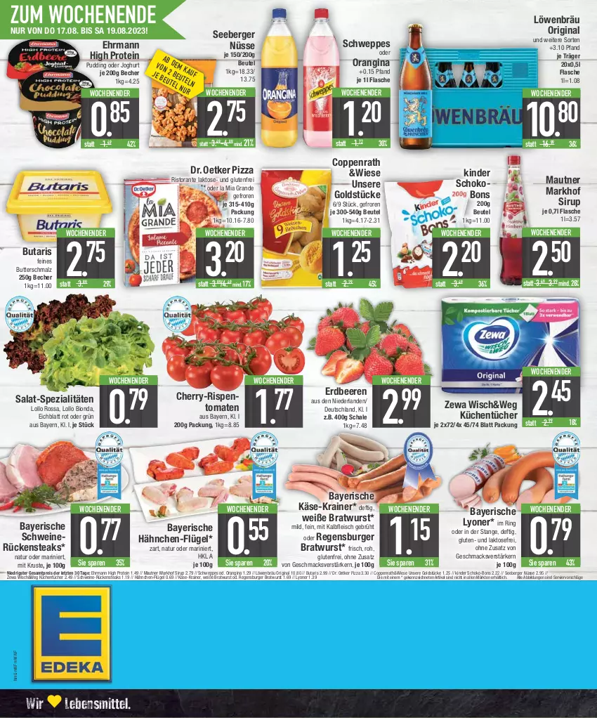 Aktueller Prospekt E Center - Angebote der Woche - von 07.08 bis 12.08.2023 - strona 20 - produkty: Becher, beere, beeren, Berger, beutel, bio, bratwurst, burger, butter, Butterschmalz, coppenrath, Dr. Oetker, ehrmann, eis, erdbeere, erdbeeren, flasche, fleisch, gin, Goldstücke, joghur, joghurt, Kalbfleisch, Käse, Kinder, Kinder Schokobons, küche, Küchen, küchentücher, lebensmittel, lyoner, mac, malz, Mautner, mit kalbfleisch, natur, orangina, pizza, pudding, regensburger, reis, ring, rispentomaten, ristorante, Rückensteak, rückensteaks, salat, Schal, Schale, Schmalz, schoko, schoko-bons, schwein, schweine, schweinerücken, schweppes, seeberger, sirup, Spezi, steak, steaks, Ti, tomate, tomaten, tücher, wein, weine, wurst, Yo, zewa, ZTE