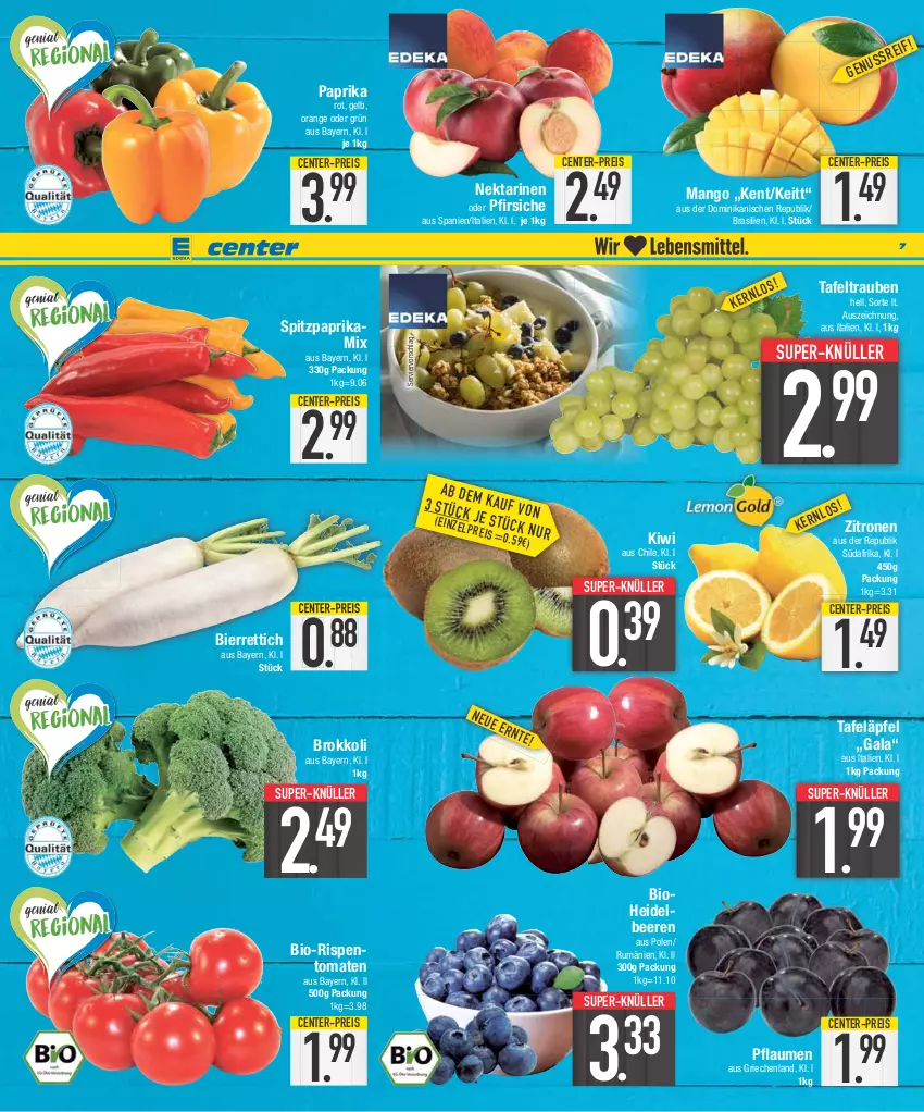 Aktueller Prospekt E Center - Angebote der Woche - von 07.08 bis 12.08.2023 - strona 7 - produkty: beere, beeren, bier, bio, brokkoli, eis, ente, heidelbeere, heidelbeeren, kiwi, mango, Nektar, nektarinen, nektarinen oder, oder pfirsiche, orange, paprika, pfirsich, pfirsiche, pflaume, pflaumen, reis, Rettich, rispentomaten, rum, Spitzpaprika, super-knüller, tafeläpfel, tafeltrauben, Ti, tomate, tomaten, trauben, zitrone, zitronen