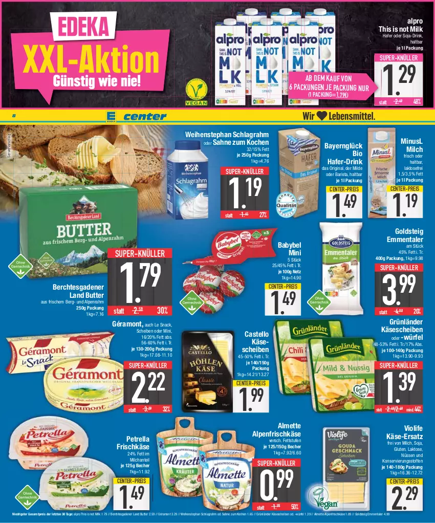 Aktueller Prospekt E Center - Angebote der Woche - von 07.08 bis 12.08.2023 - strona 8 - produkty: almette, alpenfrischkäse, alpro, babybel, Becher, bio, butter, drink, eis, emmentaler, ente, frischkäse, géramont, gin, goldsteig, grünländer, hafer, Käse, käsescheiben, Mett, milch, petrella, reis, rel, sahne, schlagrahm, snack, soja, super-knüller, Ti, weihenstephan, würfel, ZTE