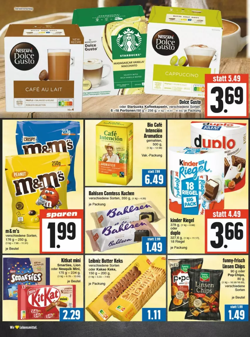 Aktueller Prospekt Edeka - Prospekte - von 21.09 bis 28.09.2024 - strona 12 - produkty: ACC, bahlsen, beutel, butter, chia, chips, comtess, comtess kuchen, funny-frisch, kakao, keks, Kinder, kinder riegel, kitkat, kuchen, leibniz, linsen, lion, mac, macchiato, nesquik, papier, riegel, smarties, starbucks, tee, Ti