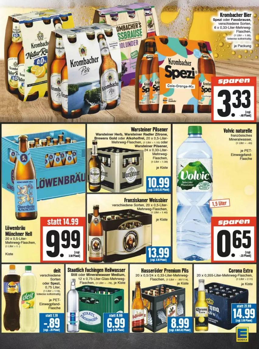 Aktueller Prospekt Edeka - Prospekte - von 21.09 bis 28.09.2024 - strona 13 - produkty: alkohol, Alwa, bier, brause, corona, corona extra, deit, deka, eis, elle, fassbrause, flasche, franziskaner, hasseröder, krombache, krombacher, mineralwasser, Mineralwasser Medium, natur, pils, pilsener, premium pils, radler, rel, rwe, Spezi, steiner, Ti, volvic, warsteiner, wasser, weissbier, zitrone