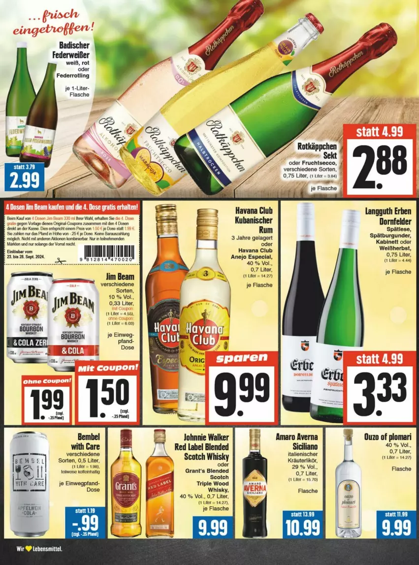 Aktueller Prospekt Edeka - Prospekte - von 21.09 bis 28.09.2024 - strona 14 - produkty: amaro, averna, Bad, bourbon, burgunder, dornfelder, ecco, eis, flasche, frucht, fruchtsecco, Grant‘s, Havana Club, jim beam, johnnie walker, kabinett, kräuter, kräuterlikör, likör, ouzo, reis, rotkäppchen, rum, rwe, scotch, scotch whisky, sekt, spätburgunder, Ti, whisky