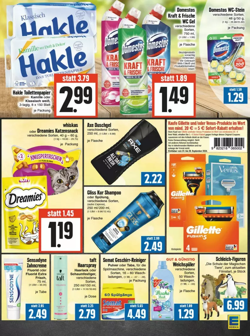 Aktueller Prospekt Edeka - Prospekte - von 21.09 bis 28.09.2024 - strona 15 - produkty: arla, axe, axe duschgel, creme, deka, domestos, dreamies, duschgel, eis, flasche, geschirr, gliss, gliss kur, Haarlack, haarspray, hakle, hakle toilettenpapier, Kamill, kamille, katzensnack, kraft, lack, LG, papier, Rauch, reiniger, schaumfestiger, Schleich, sensodyne, shampoo, shampoo oder spülung, snack, somat, Spiele, spülung, Taft, Ti, toilettenpapier, weichspüler, whiskas, zahncreme