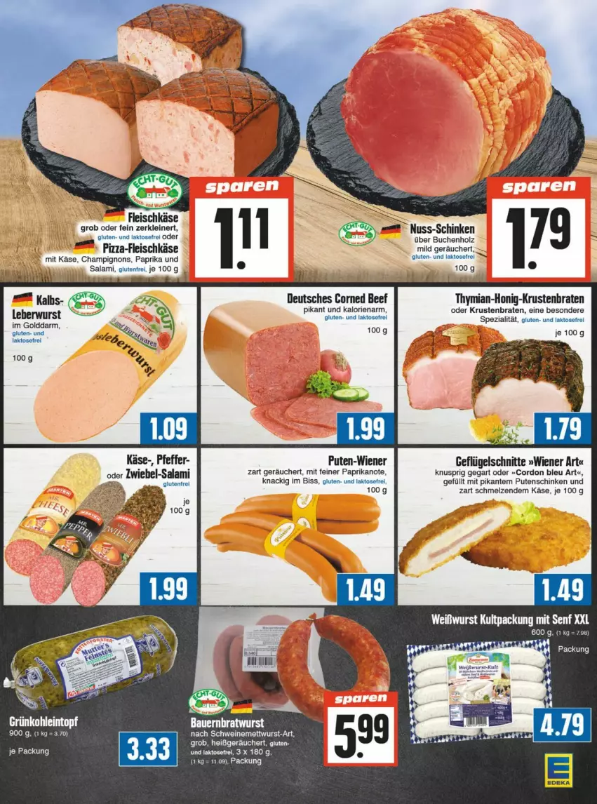 Aktueller Prospekt Edeka - Prospekte - von 21.09 bis 28.09.2024 - strona 3 - produkty: beef, braten, buch, champignon, champignons, cordon bleu, corned beef, eintopf, eis, fleisch, fleischkäse, Geflügel, Holz, honig, Käse, krustenbraten, leberwurst, leine, Mett, mettwurst, nuss, paprika, pizza, pute, Putenschinken, rel, salami, schinken, schwein, schweine, schweinemett, Spezi, tee, topf, wein, weine, wiener, wurst, zwiebel