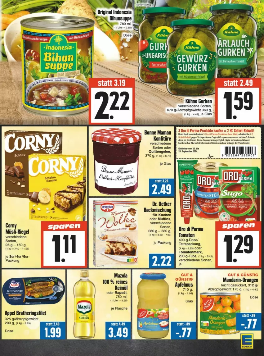 Aktueller Prospekt Edeka - Prospekte - von 21.09 bis 28.09.2024 - strona 9 - produkty: apfel, apfelmus, backmischung, banane, corny, deka, Engel, filet, flasche, gelee, gurke, gurken, hering, Herings, keimöl, konfitüre, kuchen, Kühne, mandarin-orangen, mazola, Muffin, muffins, müsli, orange, orangen, oro di parma, rapsöl, riegel, ring, schoko, tomate, tomaten, tomatenmark, zucker