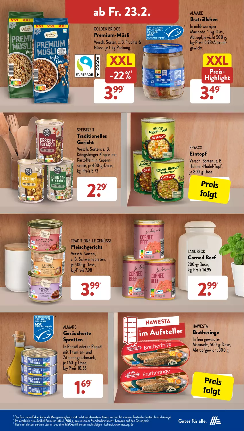 Aktueller Prospekt AldiSud - IN ZWEI WOCHEN - von 19.02 bis 24.02.2024 - strona 24 - produkty: almare, beef, Berger, braten, Bratheringe, corned beef, eintopf, eis, elle, erasco, erde, fisch, fische, Fischer, fleisch, früchte, gewürz, hawesta, hering, hühner, kakao, kartoffel, kartoffeln, Königsberger Klopse, LG, mac, marinade, müsli, nudel, nudel-topf, rapsöl, reis, ring, sauce, Schere, schwein, schweine, schweinebraten, Sprotten, teller, Ti, topf, wein, weine, zitrone, zitronen, ZTE