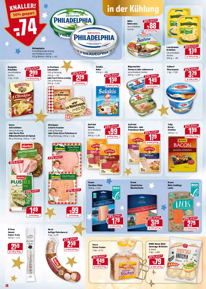 Aktueller Prospekt Rewe - Prospekte - von 13.12 bis 19.12.2021 - strona 8 - produkty: auer, bacon, Bau, Bauer, Becher, brötchen, camembert, creme, edelcreme, eis, elle, filet, filets, fleisch, fleischwurst, forelle, frischkäse, frischkäsezubereitung, galbani, gutfried, Hähnchenfleisch, herta, Käse, knacker, krone, lachs, Le Rustique, leberwurst, leerdammer, mascarpone, natur, Ofen, Ofenkäse, philadelphia, pute, putenbrust, Räucherlachs, reifen, rel, rewe beste wahl, rouge, rougette, rügenwalder, saft, saftschinken, salakis, salami, schinken, schott, spinat, tee, teewurst, Ti, tisch, tulip, wiesbauer, wurst