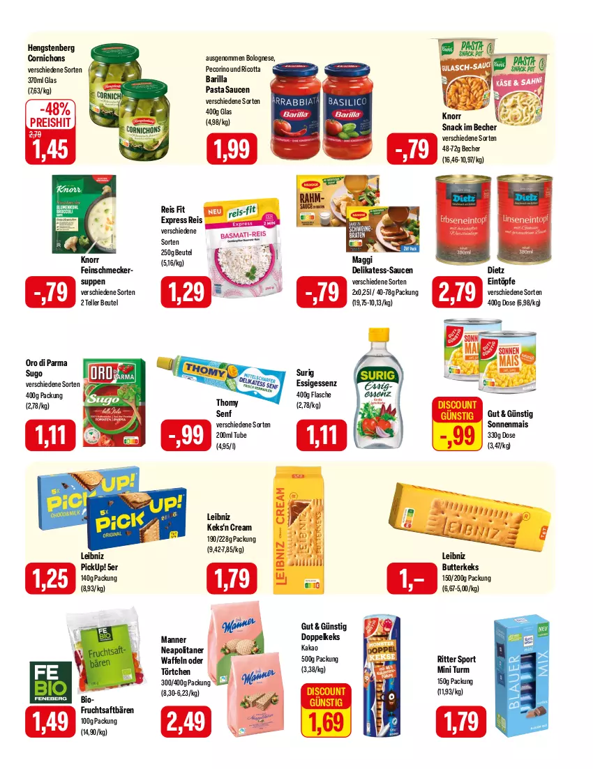 Aktueller Prospekt Feneberg - Prospekte - von 29.02 bis 02.03.2024 - strona 9 - produkty: barilla, Becher, beutel, bio, bolognese, butter, butterkeks, discount, eintöpfe, eis, elle, essig, feinschmecker, flasche, frucht, fruchtsaft, hengstenberg, kakao, keks, knorr, leibniz, maggi, mais, Manner, oro di parma, pasta, Pasta Sauce, Pecorino, reis, ricotta, ritter, ritter sport, saft, sauce, saucen, senf, snack, Sport, Sugo, suppe, suppen, teller, thomy, Ti, Törtchen, waffeln