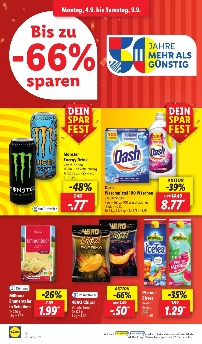 Aktueller Prospekt Lidl - Aktionsprospekt - von 04.09 bis 09.09.2023 - strona 12 - produkty: Bona, drink, eis, eistee, elle, emmentaler, energy drink, Milbona, monster, Monster Energy, ndk, pfanne, Pfanner, Schal, Schale, tee, teller, Ti, waschmittel