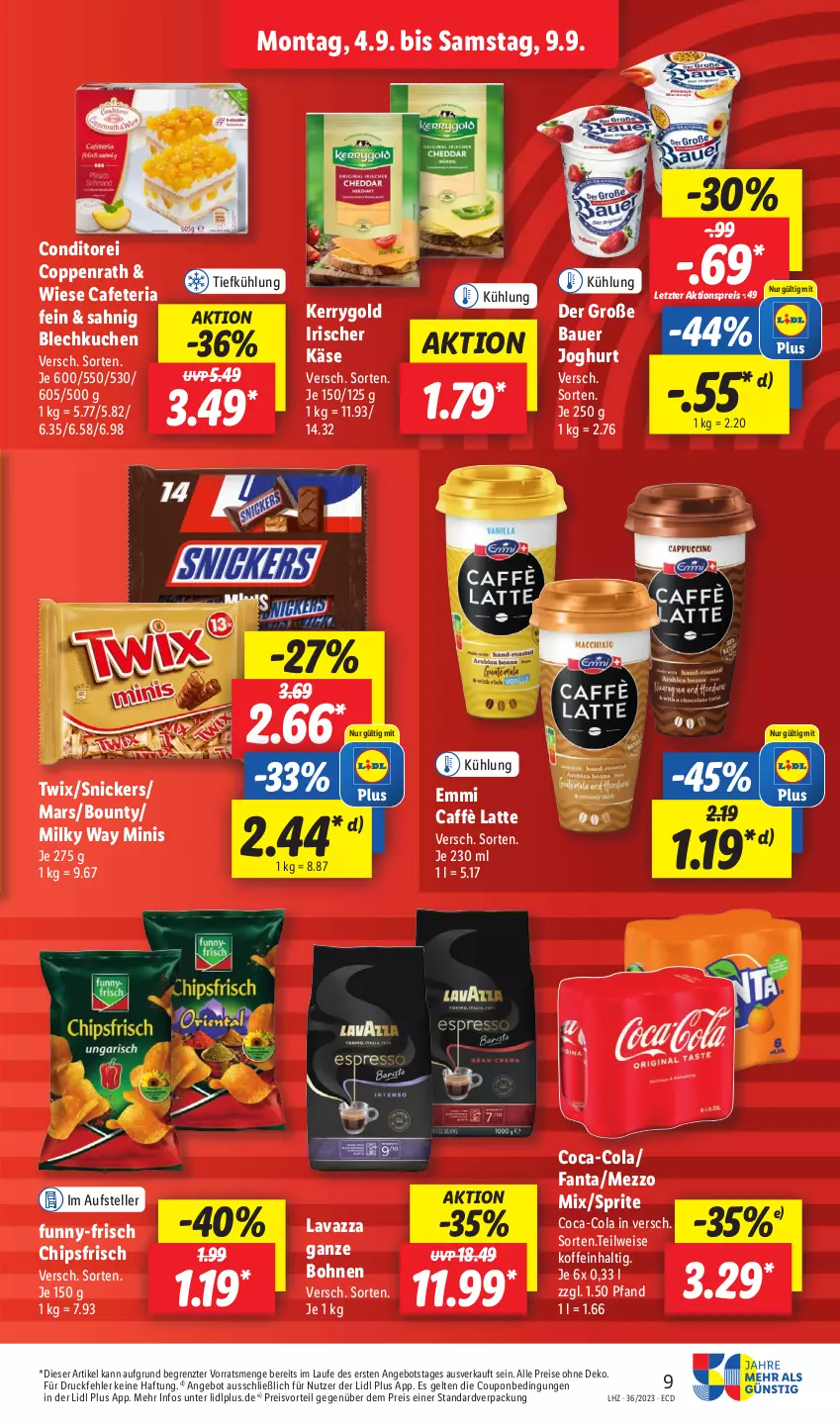 Aktueller Prospekt Lidl - Aktionsprospekt - von 04.09 bis 09.09.2023 - strona 13 - produkty: aktionspreis, angebot, auer, Bau, Bauer, bohne, bohnen, bounty, caffè latte, chips, chipsfrisch, coca-cola, cola, coppenrath, coupon, eis, elle, emmi, fanta, funny-frisch, joghur, joghurt, Käse, kerrygold, kuchen, latte, lavazza, lavazza ganze bohne, mars, Mezzo Mix, milky way, preisvorteil, reis, Ria, snickers, sprite, teller, Ti, twix, ZTE