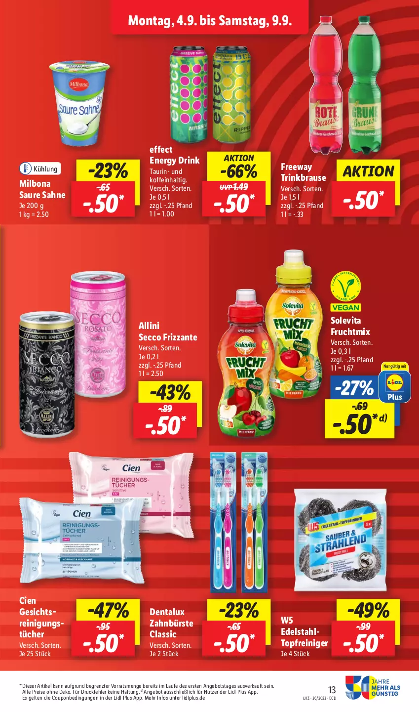 Aktueller Prospekt Lidl - Aktionsprospekt - von 04.09 bis 09.09.2023 - strona 17 - produkty: angebot, Bona, brause, bürste, Cien, coupon, Dentalux, drink, ecco, edelstahl, Effect, eis, energy drink, frizzante, frucht, Milbona, reiniger, Reinigung, reinigungstücher, reis, sahne, Ti, topf, tücher, vita, zahnbürste, ZTE