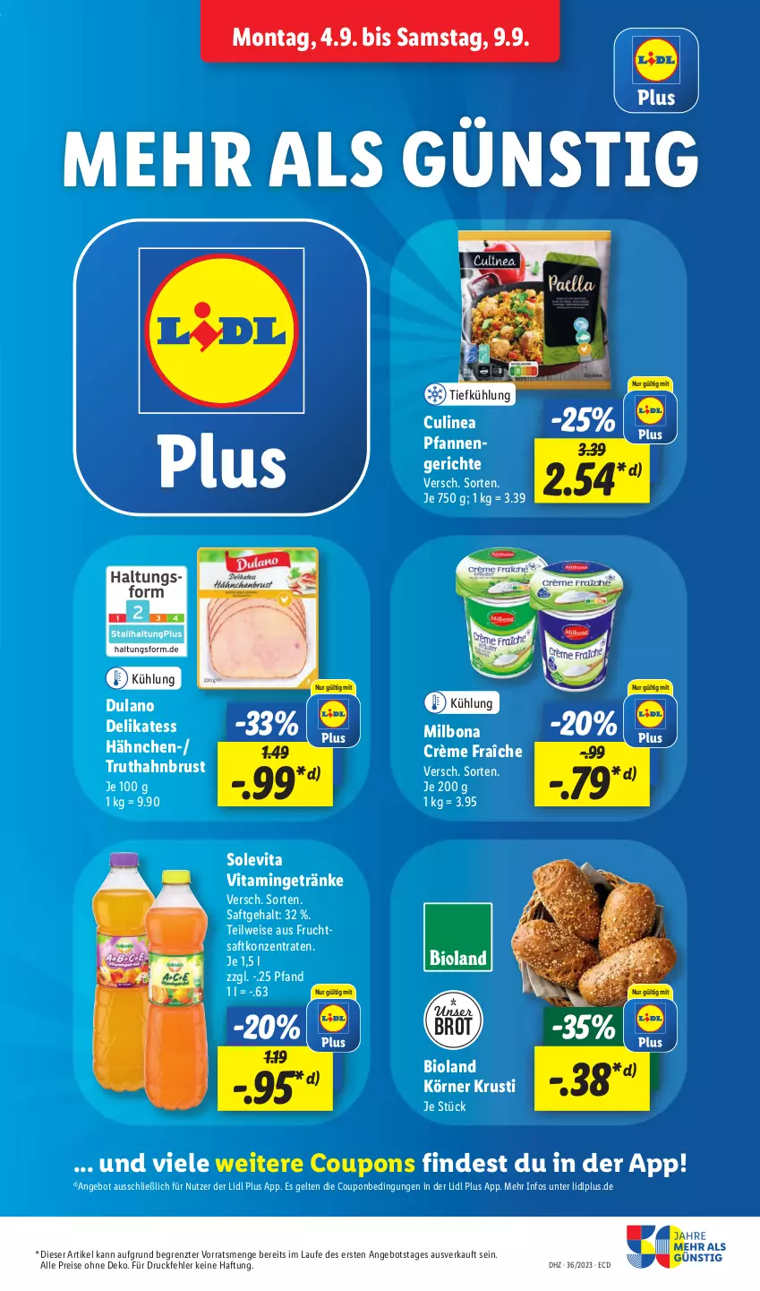 Aktueller Prospekt Lidl - Aktionsprospekt - von 04.09 bis 09.09.2023 - strona 19 - produkty: angebot, bio, bioland, Bona, brot, coupon, coupons, crème fraîche, dulano, eis, frucht, fruchtsaft, getränk, getränke, Milbona, pfanne, pfannen, reis, saft, Ti, truthahn, vita, ZTE