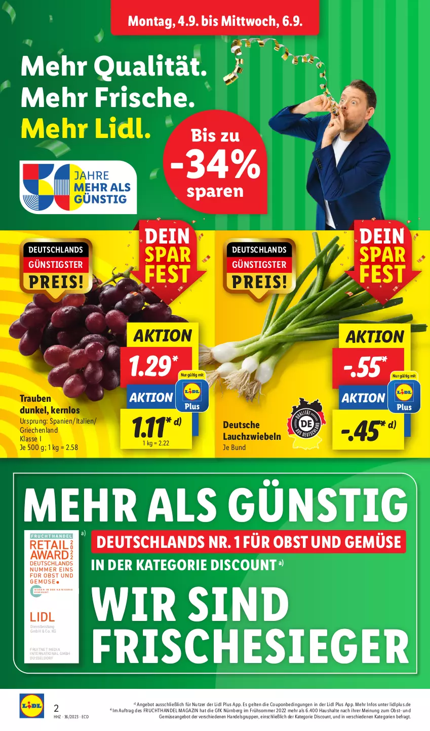 Aktueller Prospekt Lidl - Aktionsprospekt - von 04.09 bis 09.09.2023 - strona 2 - produkty: angebot, coupon, discount, eis, ente, frucht, Lauchzwiebel, lauchzwiebeln, magazin, obst, Obst und Gemüse, reis, Ti, trauben, und gemüse, zwiebel, zwiebeln