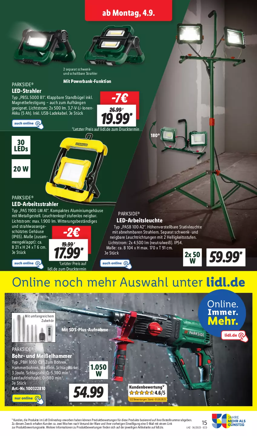 Aktueller Prospekt Lidl - Aktionsprospekt - von 04.09 bis 09.09.2023 - strona 23 - produkty: akku, Arbeitsleuchte, Bank, bügel, deka, eis, ladekabel, leds, Leuchte, leuchten, LG, Parkside, powerbank, reis, Schal, Ti, usb, wasser, weck, ZTE