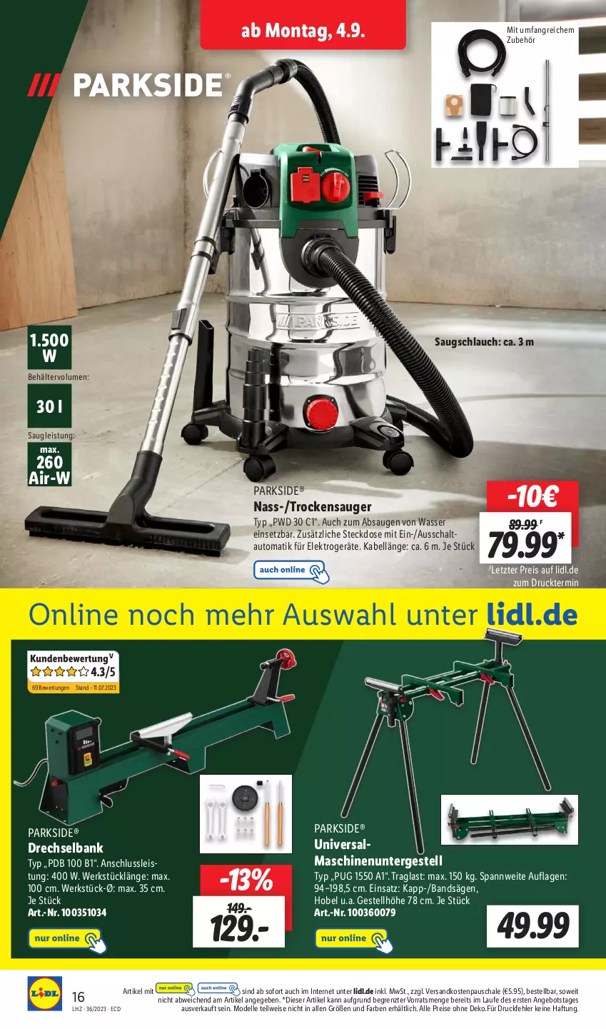 Aktueller Prospekt Lidl - Aktionsprospekt - von 04.09 bis 09.09.2023 - strona 24 - produkty: angebot, auto, Bank, Behälter, dell, eis, Elektro, elektrogeräte, elle, Mode, ndk, Parkside, reis, säge, Schal, Schale, schlauch, steckdose, Ti, Trockensauger, wasser, ZTE