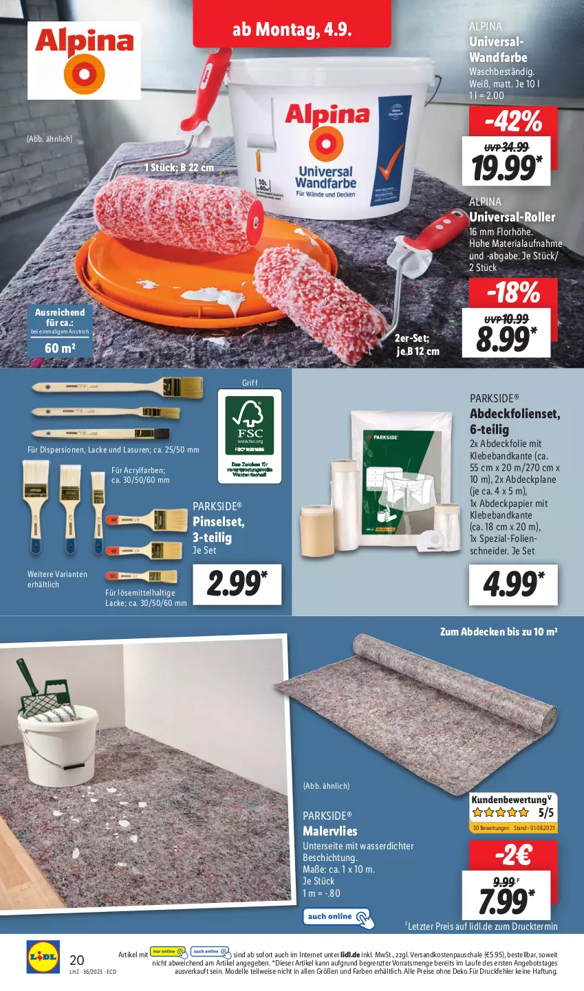 Aktueller Prospekt Lidl - Aktionsprospekt - von 04.09 bis 09.09.2023 - strona 30 - produkty: abdeckplane, alpina, Alwa, angebot, Beba, decke, dell, eis, elle, lack, Lacke, Mode, ndk, papier, Parkside, Pinsel, Pinselset, reis, Ria, Roller, Schal, Schale, Spezi, Ti, wasser, ZTE