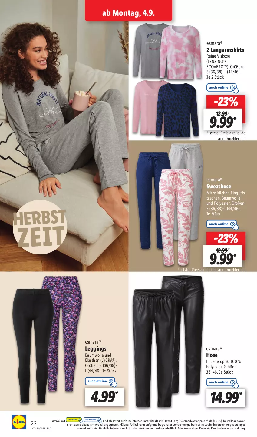 Aktueller Prospekt Lidl - Aktionsprospekt - von 04.09 bis 09.09.2023 - strona 32 - produkty: angebot, Bau, baumwolle, dell, ecovero, eis, elle, esmara, gin, hose, Langarmshirt, leggings, lenzing, Mode, ndk, reis, Schal, Schale, shirt, shirts, Sweathose, Tasche, taschen, Ti, wolle, ZTE