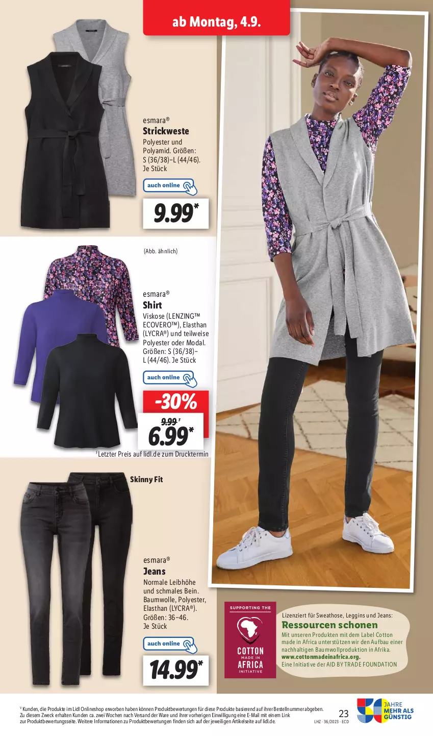 Aktueller Prospekt Lidl - Aktionsprospekt - von 04.09 bis 09.09.2023 - strona 33 - produkty: Bau, baumwolle, ecovero, eis, esmara, gin, hose, jeans, lenzing, reis, shirt, Sweathose, Ti, weck, Weste, wolle, ZTE