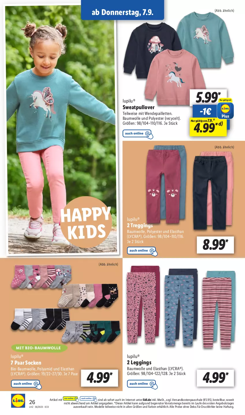 Aktueller Prospekt Lidl - Aktionsprospekt - von 04.09 bis 09.09.2023 - strona 36 - produkty: angebot, Bau, baumwolle, bio, bio-baumwolle, dell, eis, elle, gin, leggings, lupilu, mit bio-baumwolle, Mode, ndk, pailletten, Pullover, reis, Schal, Schale, socken, Ti, wendepailletten, wolle, ZTE