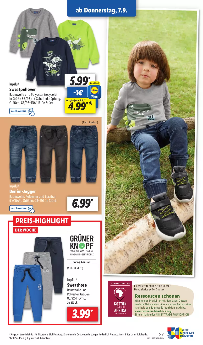 Aktueller Prospekt Lidl - Aktionsprospekt - von 04.09 bis 09.09.2023 - strona 37 - produkty: angebot, Bau, baumwolle, coupon, eis, hose, lupilu, Pullover, reis, socken, Sweathose, Ti, wolle