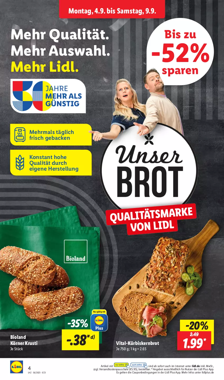 Aktueller Prospekt Lidl - Aktionsprospekt - von 04.09 bis 09.09.2023 - strona 4 - produkty: angebot, bio, bioland, brot, coupon, geback, Kürbis, ndk, Schal, Schale, Ti, vita