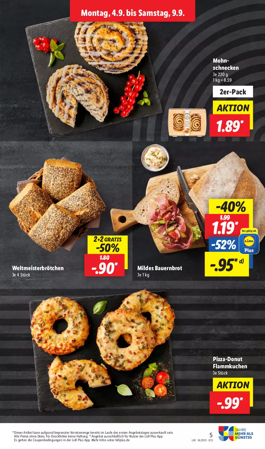 Aktueller Prospekt Lidl - Aktionsprospekt - von 04.09 bis 09.09.2023 - strona 5 - produkty: angebot, auer, Bau, Bauer, brot, brötchen, coupon, Donut, eis, flammkuchen, kuchen, lamm, Meister, pizza, reis, Ti, ZTE