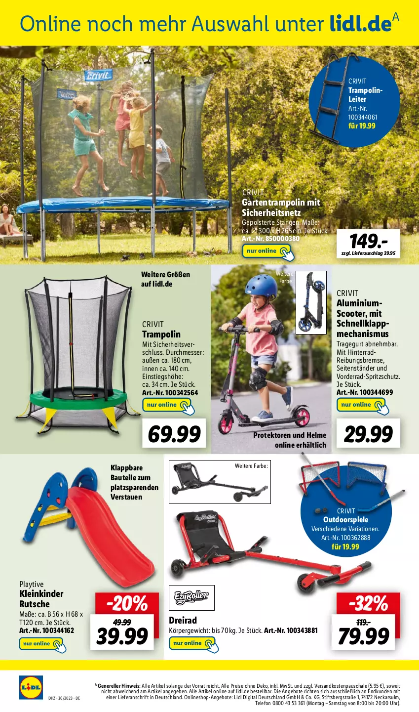 Aktueller Prospekt Lidl - Aktionsprospekt - von 04.09 bis 09.09.2023 - strona 58 - produkty: angebot, angebote, Bau, crivit, Dreirad, eis, elle, Garten, Kinder, messer, ndk, reis, rel, Ria, Schal, Schale, scooter, Spiele, Spritzschutz, telefon, Ti, Trampolin, uhr