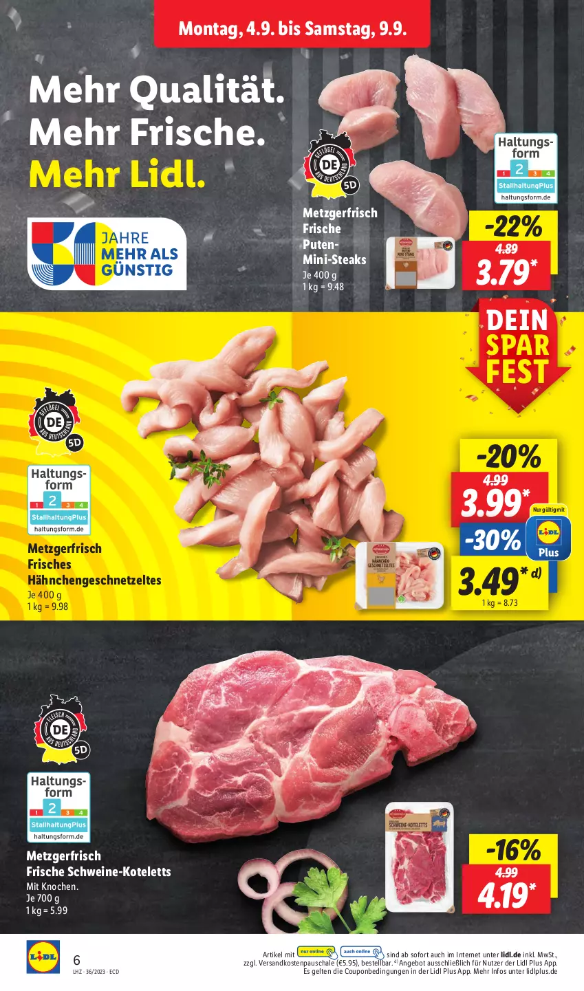 Aktueller Prospekt Lidl - Aktionsprospekt - von 04.09 bis 09.09.2023 - strona 8 - produkty: angebot, coupon, geschnetzeltes, Hähnchengeschnetzeltes, kotelett, ndk, pute, Schal, Schale, schwein, schweine, steak, steaks, Ti, wein, weine, Zelt