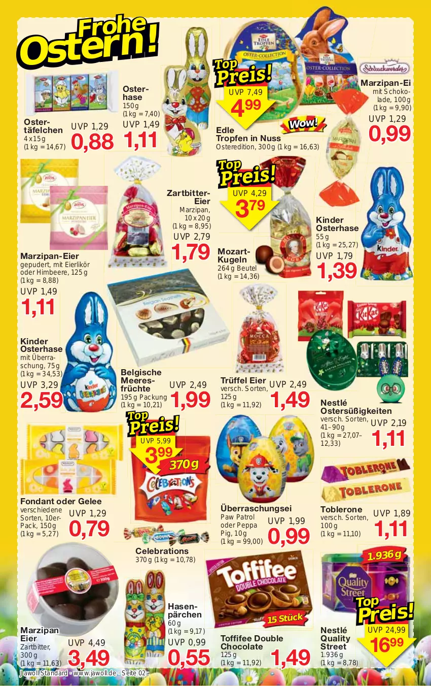 Aktueller Prospekt Jawoll - Prospekte - von 02.04 bis 08.04.2023 - strona 2 - produkty: beere, beutel, cola, eier, eierlikör, früchte, gelee, himbeer, himbeere, Kinder, Kugel, LG, likör, marzipan, nestlé, nuss, Paw Patrol, Peppa Pig, schoko, schokolade, Ti, toblerone, toffifee, Trüffel