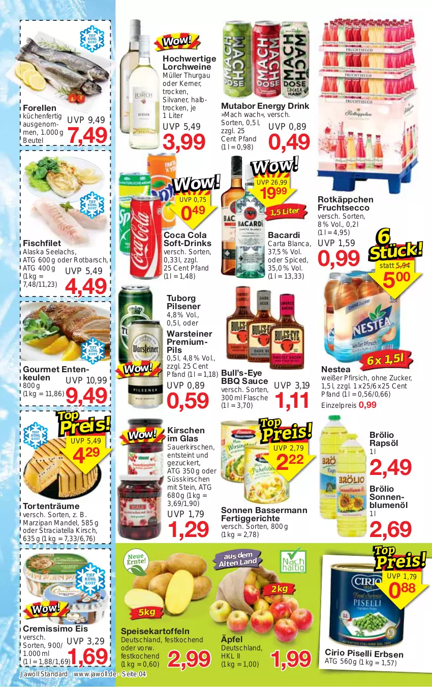 Aktueller Prospekt Jawoll - Prospekte - von 02.04 bis 08.04.2023 - strona 4 - produkty: auer, bacardi, beutel, blume, blumen, blumenöl, cirio, cola, cremissimo, drink, drinks, ecco, eis, elle, energy drink, ente, Entenkeule, erbsen, fertiggericht, fertiggerichte, filet, fisch, flasche, forelle, frucht, fruchtsecco, kartoffel, kartoffeln, kirsch, kirsche, kirschen, küche, Küchen, lachs, mac, mandel, marzipan, Müller, Nestea, pfirsich, pils, pilsener, rapsöl, reis, rel, Rotbarsch, rotkäppchen, sauce, sauerkirschen, silvaner, sim, sonnenblume, sonnenblumen, sonnenblumenöl, speisekartoffeln, steiner, Ti, torte, warsteiner, wein, weine, zucker