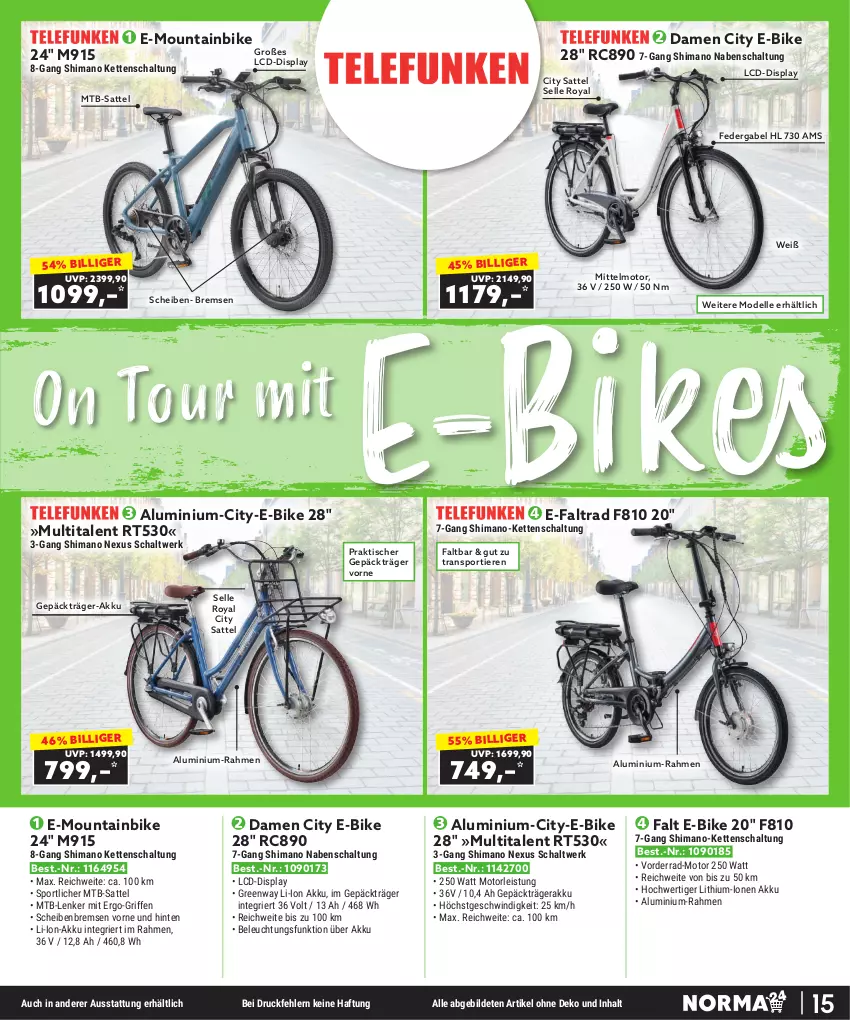 Aktueller Prospekt Norma - Norma - von 01.11 bis 30.11.2023 - strona 15 - produkty: akku, dell, E-Bike, E-Bikes, eis, elle, gabel, Kette, li-ion-akku, Mode, Mountainbike, nexus, sattel, Schal, shimano, Sport, Ti, Tiere, tisch