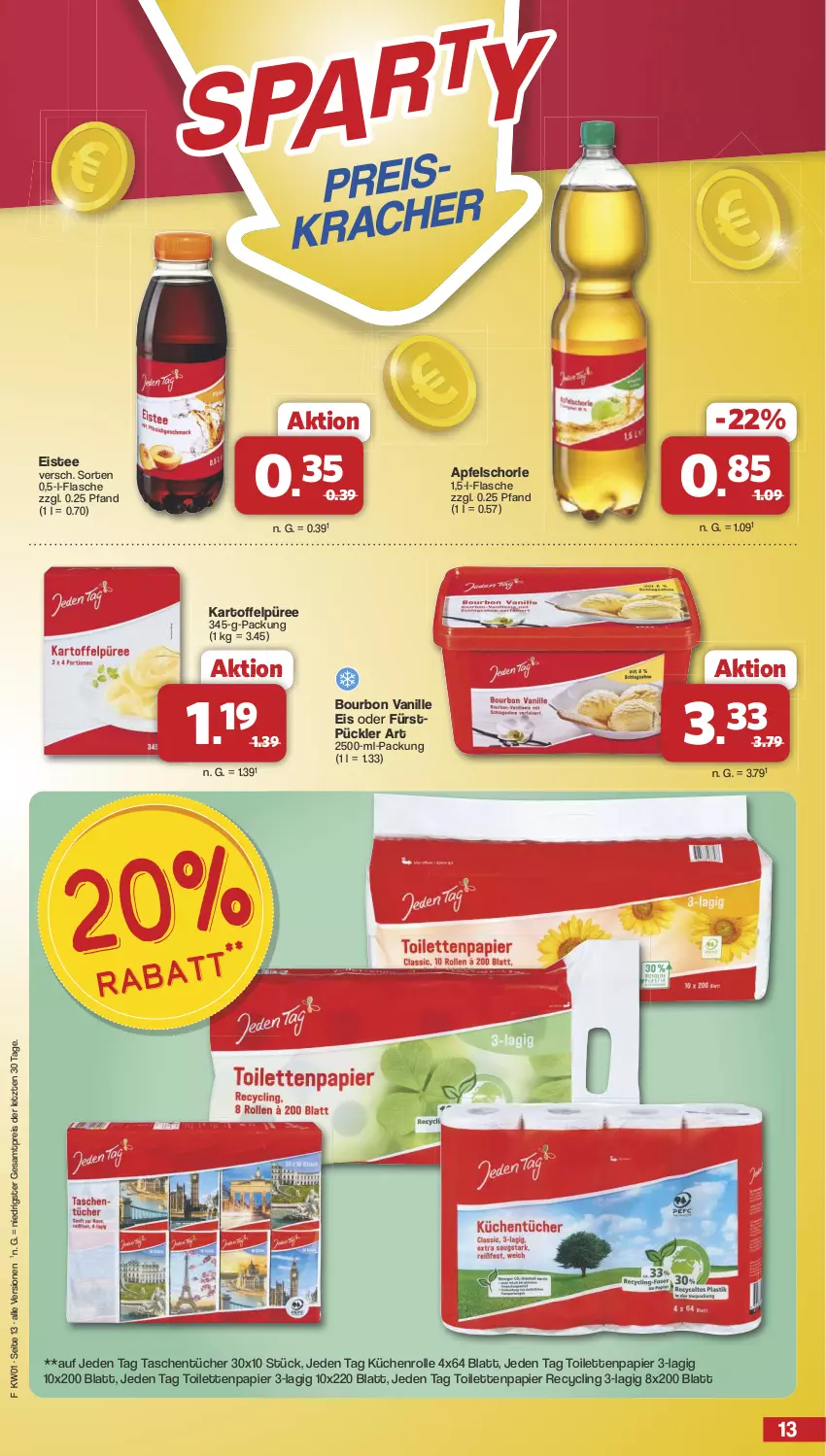 Aktueller Prospekt Famila - Prospekte - von 30.12.2024 bis 04.01.2025 - strona 13 - produkty: apfel, Apfelschorle, bourbon, bourbon vanille, Clin, eis, eistee, flasche, kartoffel, Kartoffelpüree, küche, Küchen, küchenrolle, papier, püree, reis, schorle, Tasche, taschen, taschentücher, tee, Ti, toilettenpapier, tücher, vanille, ZTE