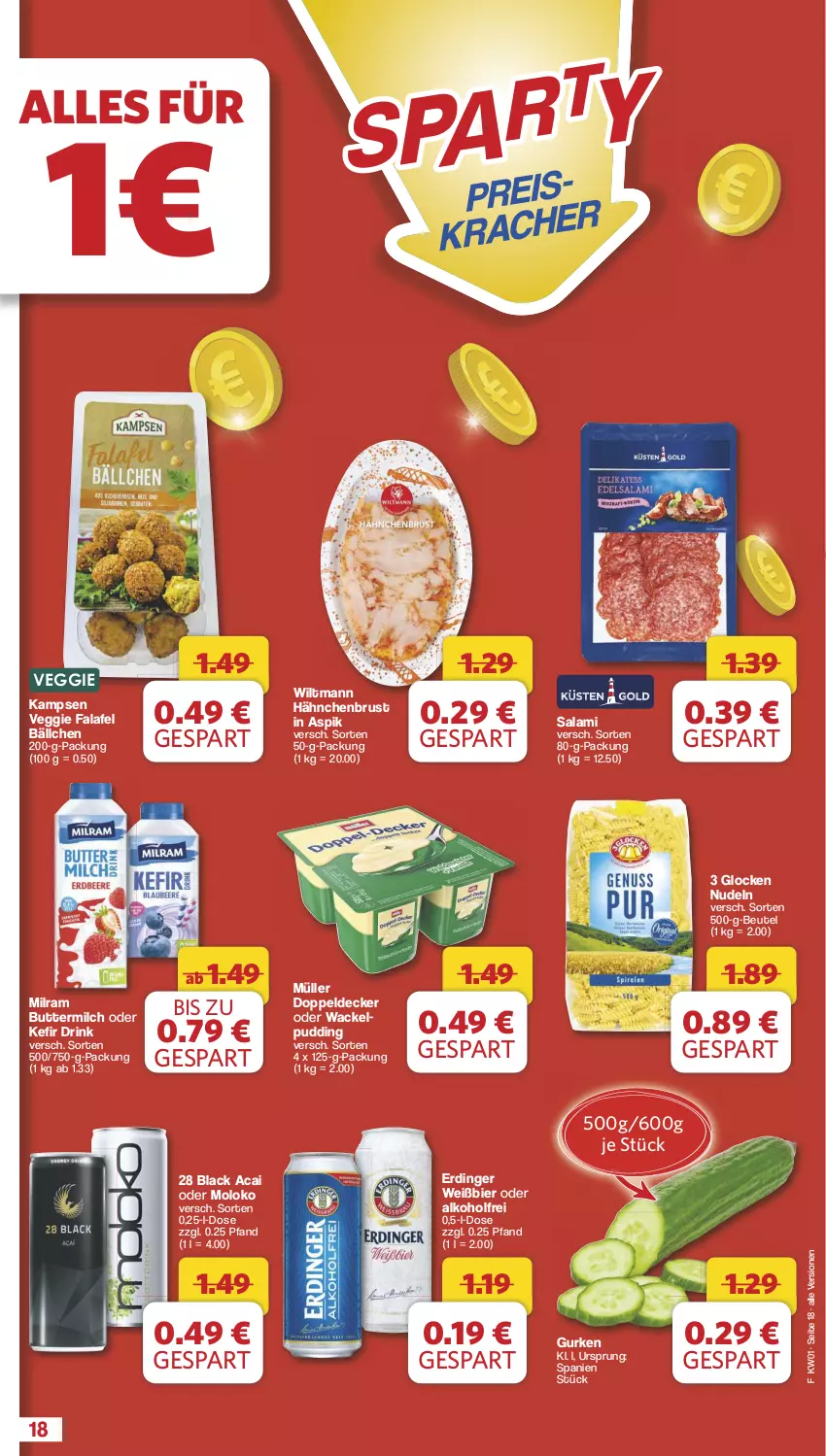 Aktueller Prospekt Famila - Prospekte - von 30.12.2024 bis 04.01.2025 - strona 18 - produkty: alkohol, beutel, bier, butter, buttermilch, decke, drink, erdinger, Falafel, gurke, gurken, hähnchenbrust, Kefir, lack, milch, milram, Müller, nudel, nudeln, pudding, salami, veggie, wiltmann