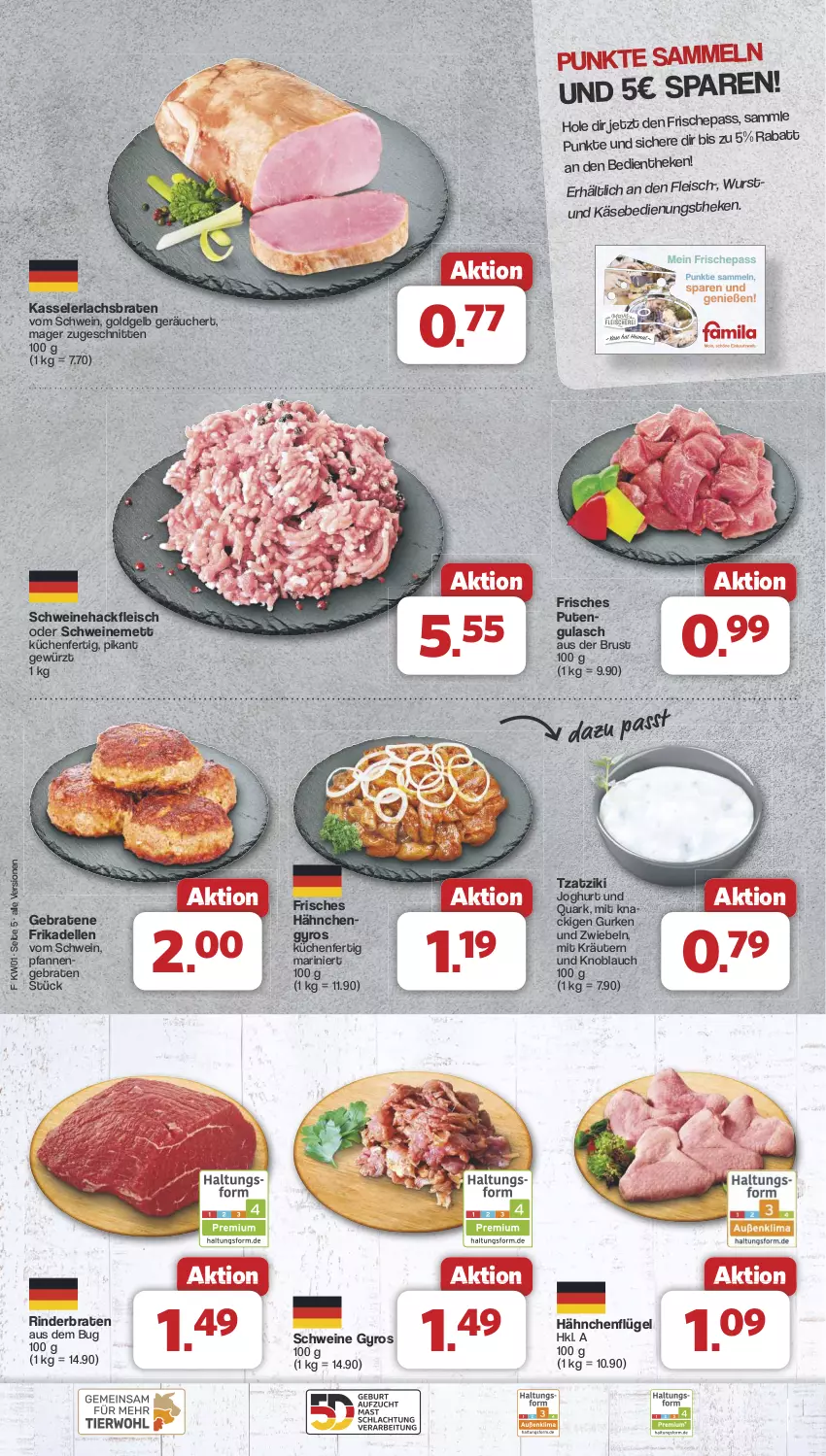 Aktueller Prospekt Famila - Prospekte - von 30.12.2024 bis 04.01.2025 - strona 5 - produkty: braten, dell, eis, elle, fleisch, frikadellen, gewürz, gulasch, gurke, gurken, gyros, hackfleisch, hähnchenflügel, joghur, joghurt, Käse, kasseler, knoblauch, kräuter, kräutern, küche, Küchen, lachs, Lachsbraten, Mett, pfanne, pfannen, pute, quark, rind, rinder, rinderbraten, schnitten, schwein, schweine, Schweinehackfleisch, schweinemett, Ti, tzatziki, wein, weine, wurst, zwiebel, zwiebeln