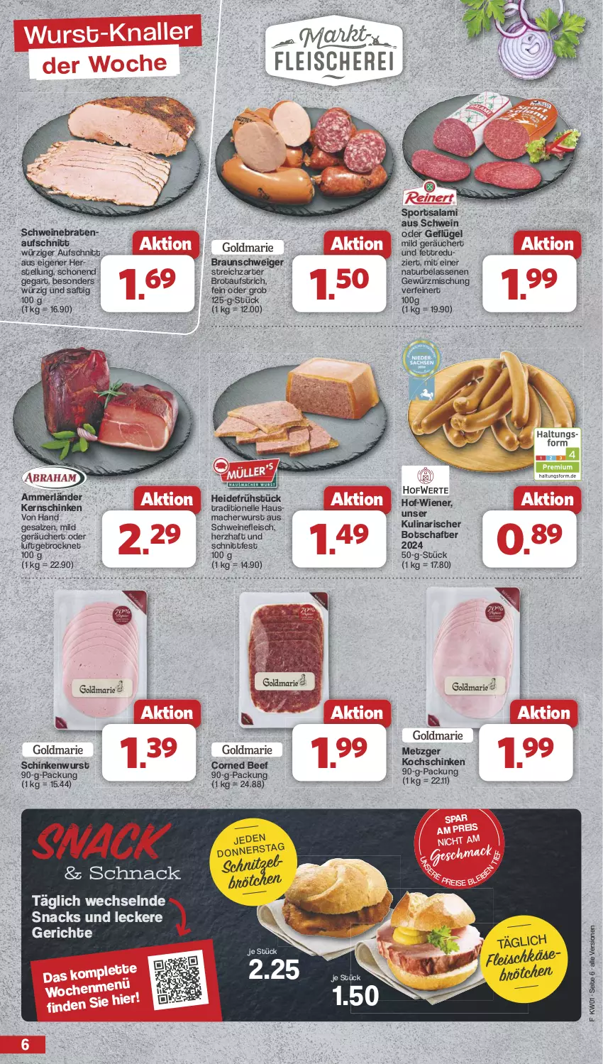 Aktueller Prospekt Famila - Prospekte - von 30.12.2024 bis 04.01.2025 - strona 6 - produkty: ammerländer, aufschnitt, aufstrich, beef, braten, bratenaufschnitt, braun, brot, brotaufstrich, brötchen, corned beef, eis, elle, fleisch, Geflügel, gewürz, Gewürzmischung, Hausmacher, heidefrühstück, kernschinken, kochschinken, mac, merl, natur, reis, saft, salami, salz, schinken, schinkenwurst, schnitzel, schwein, schweine, schweinebraten, schweinefleisch, snack, snacks, Sport, Streichzart, Ti, wein, weine, wiener, wurst