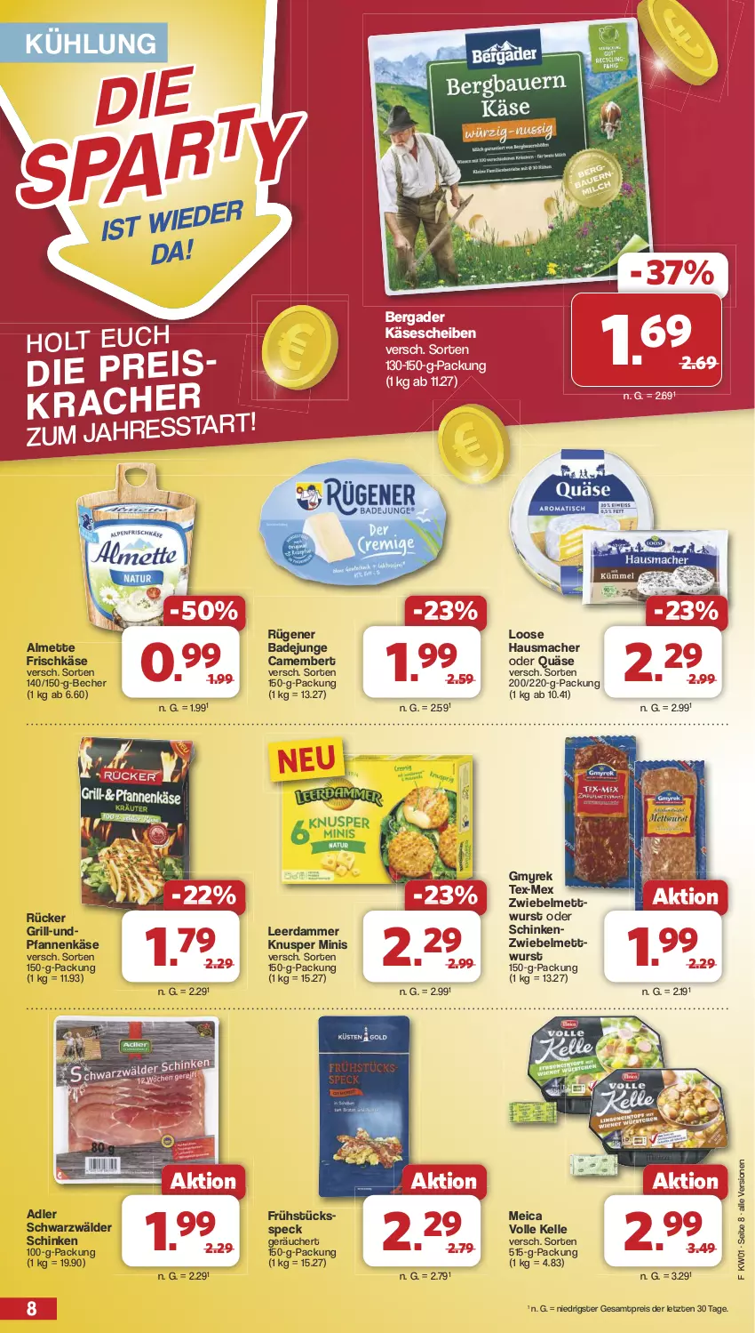 Aktueller Prospekt Famila - Prospekte - von 30.12.2024 bis 04.01.2025 - strona 8 - produkty: almette, Bad, Becher, bergader, camembert, eis, elle, frischkäse, Frühstücksspeck, grill, Hausmacher, Käse, käsescheiben, leerdammer, Loose, mac, meica, Mett, mettwurst, pfanne, pfannen, pfannenkäse, quäse, reis, Rügener, rügener badejunge, schinken, schwarzwälder schinken, Speck, Ti, wurst, ZTE, zwiebel, zwiebelmettwurst