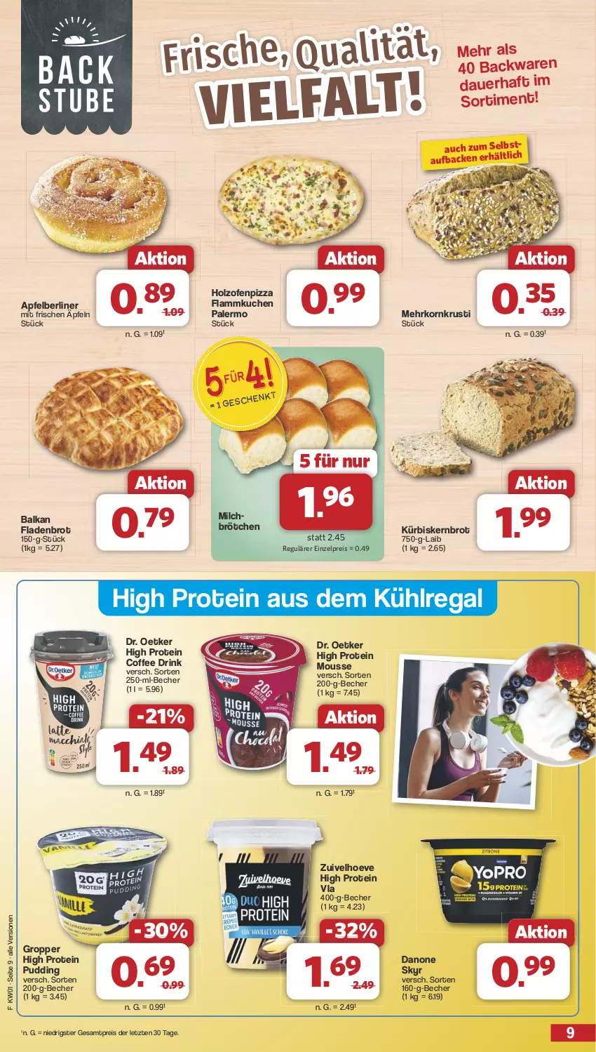 Aktueller Prospekt Famila - Prospekte - von 30.12.2024 bis 04.01.2025 - strona 9 - produkty: apfel, auer, aus dem kühlregal, backwaren, Becher, berliner, brot, brötchen, danone, Dr. Oetker, drink, eis, Fladenbrot, flammkuchen, Holz, korn, kuchen, kühlregal, Kürbis, lamm, milch, Milchbrötchen, mousse, Ofen, pizza, pudding, regal, reis, Skyr, Ti, ZTE