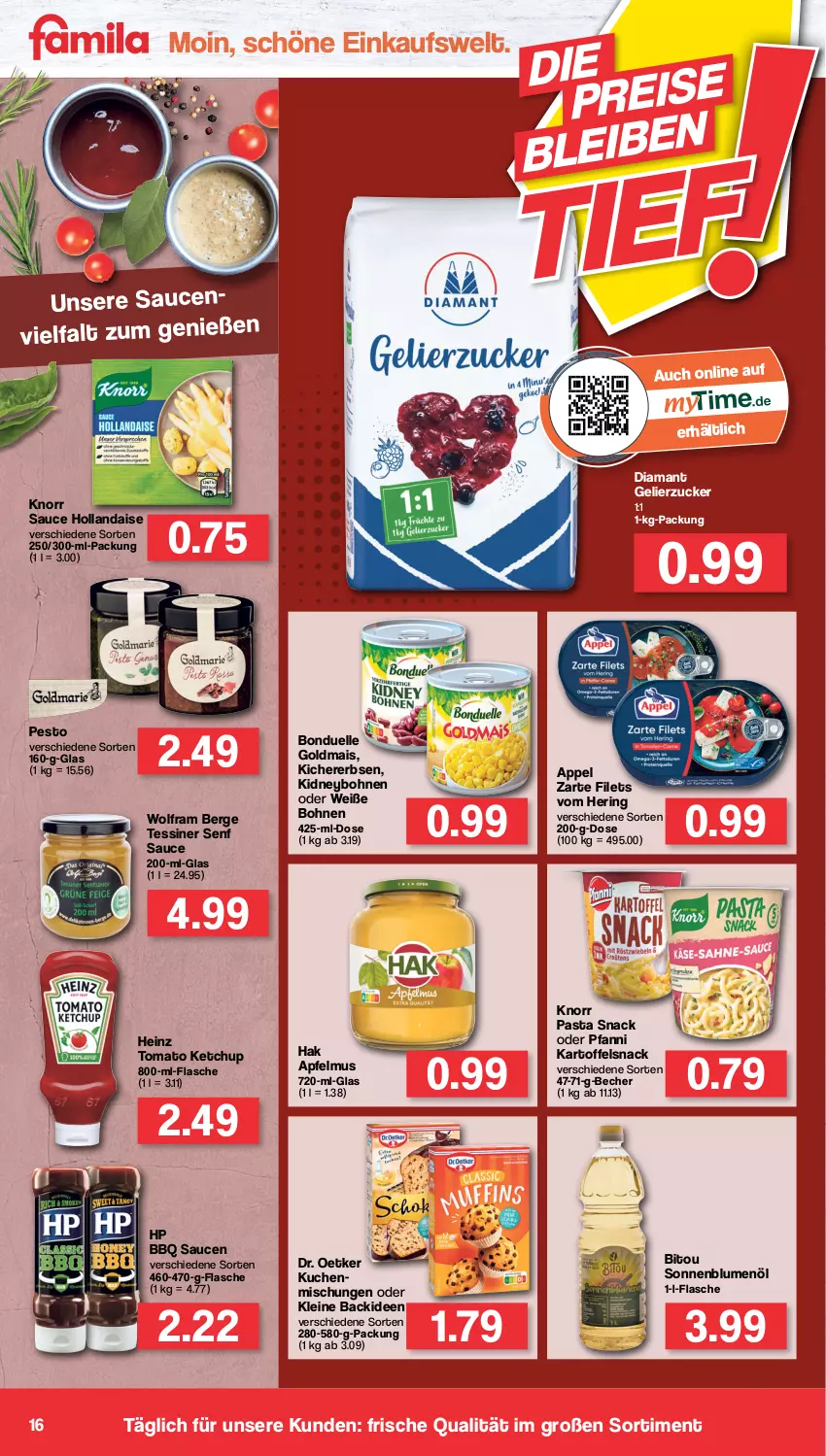 Aktueller Prospekt Famila - Prospekte - von 11.07 bis 16.07.2022 - strona 16 - produkty: apfel, apfelmus, Becher, blume, blumen, blumenöl, bohne, bohnen, bonduelle, bonduelle goldmais, Dr. Oetker, elle, erbsen, filet, filets, flasche, gelierzucker, Goldmais, heinz, hering, hollandaise, HP, kartoffel, ketchup, kichererbsen, kidney, knorr, knorr pasta, kuchen, leine, mais, pasta, pasta snack, pesto, pfanni, ring, sauce, sauce hollandaise, saucen, senf, snack, sonnenblume, sonnenblumen, sonnenblumenöl, Ti, tomato ketchup, Weiße Bohnen, zucker