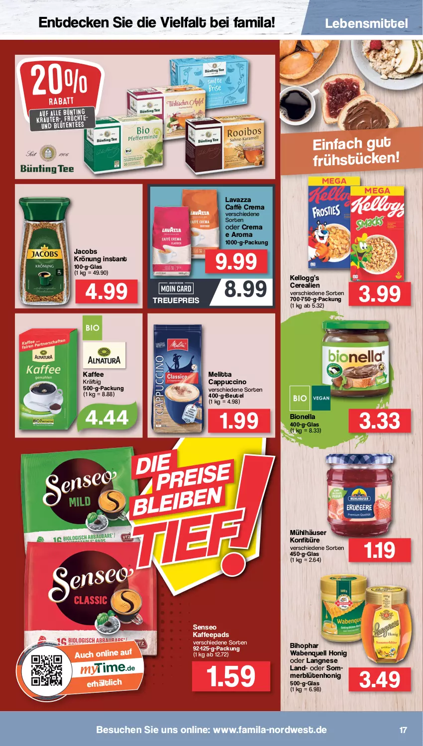 Aktueller Prospekt Famila - Prospekte - von 11.07 bis 16.07.2022 - strona 17 - produkty: beutel, bihophar, bio, Blüte, blütenhonig, caffè crema, Cap, cappuccino, cerealien, cin, decke, eis, ente, früchte, honig, jacobs, jacobs krönung, kaffee, kaffeepads, Kellogg‘s, konfitüre, kräuter, langnese, lavazza, lebensmittel, melitta, mühlhäuser, reis, senseo, tee, Ti