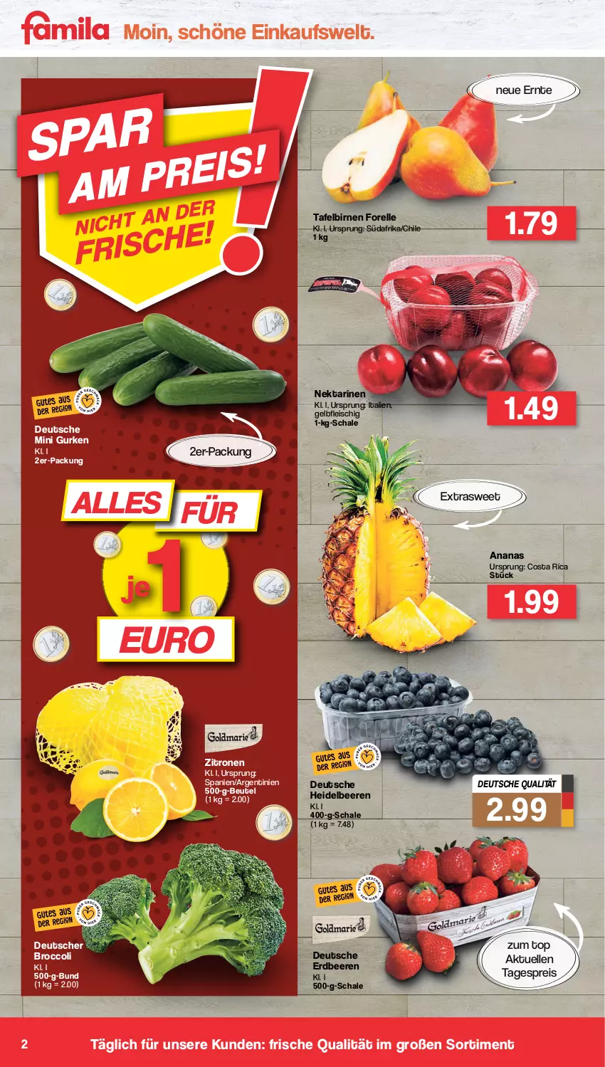 Aktueller Prospekt Famila - Prospekte - von 11.07 bis 16.07.2022 - strona 2 - produkty: ananas, beere, beeren, beutel, Birnen, broccoli, eis, elle, erdbeere, erdbeeren, fleisch, forelle, gurke, gurken, heidelbeere, heidelbeeren, Nektar, nektarinen, reis, rel, Schal, Schale, tafelbirnen, Ti, zitrone, zitronen