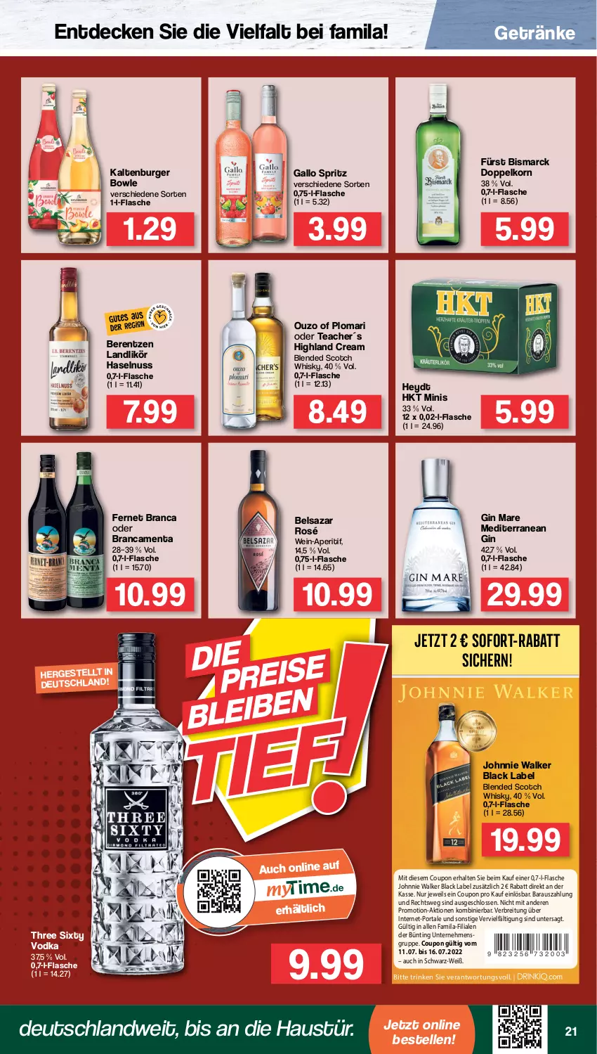 Aktueller Prospekt Famila - Prospekte - von 11.07 bis 16.07.2022 - strona 21 - produkty: altenburger, aperitif, aust, Belsazar, berentzen, bismarck, black label, blended scotch, blended scotch whisky, bowle, Brei, burger, coupon, decke, doppelkorn, elle, Fernet, fernet branca, flasche, gallo, getränk, getränke, gin, gin mare, haselnuss, johnnie walker, korn, lack, likör, nuss, ouzo, scotch, scotch whisky, sofort-rabatt, Three Sixty, Ti, vodka, wein, whisky