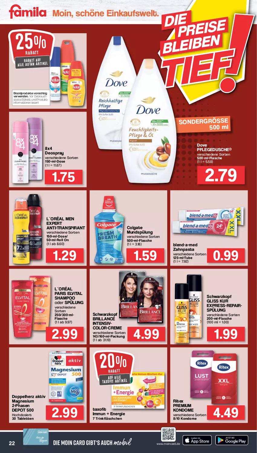 Aktueller Prospekt Famila - Prospekte - von 11.07 bis 16.07.2022 - strona 22 - produkty: Autan, bio, biozidprodukte, blend-a-med, brillance, colgate, creme, deo, deospray, doppelherz, dove, dusche, elvital, flasche, gliss, gliss kur, Kondome, L´Oréal, LG, magnesium, mundspülung, pasta, pflegedusche, Rauch, Ritex, rwe, schwarzkop, schwarzkopf, shampoo, shampoo oder spülung, spülung, tablet, tablett, Tablette, Taxofit, Ti, vita, zahnpasta