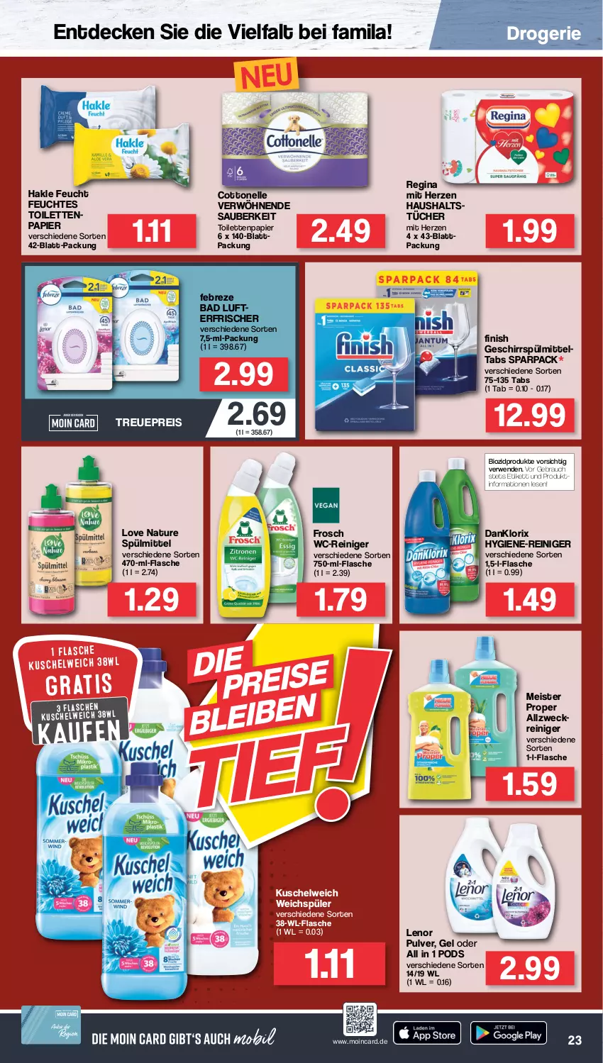 Aktueller Prospekt Famila - Prospekte - von 11.07 bis 16.07.2022 - strona 23 - produkty: Bad, bio, biozidprodukte, cottonelle, danklorix, decke, eis, elle, febreze, Finish, flasche, Frosch, geschirr, geschirrspülmittel, gin, hakle, hygiene-reiniger, Kuschelweich, lenor, lufterfrischer, Meister, meister proper, natur, papier, Pods, Rauch, reiniger, reis, rwe, spülmittel, Ti, toilettenpapier, tücher, wc-reiniger, weck, weichspüler