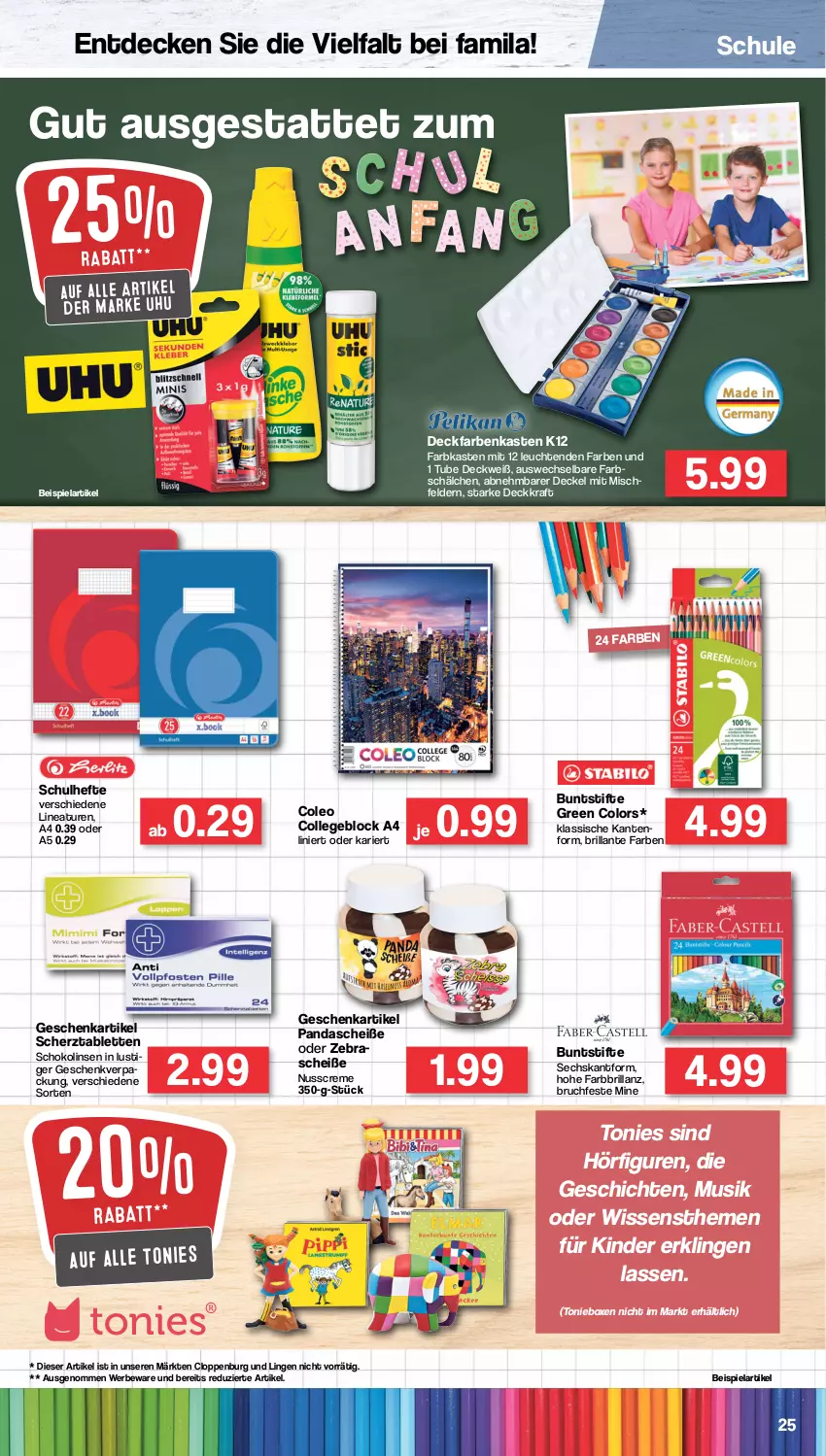 Aktueller Prospekt Famila - Prospekte - von 11.07 bis 16.07.2022 - strona 25 - produkty: buntstifte, collegeblock, creme, decke, Deckel, eis, Hefte, Kinder, kraft, Leuchte, leuchten, linsen, Lusti, nuss, schoko, Schokolinsen, stifte, tablet, tablett, Tablette, Ti, Toniebox, uhu